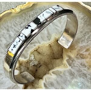 Navajo Handmade Sterling Silver White Buffalo Inlay Cuff Bracelet by F Yazzie